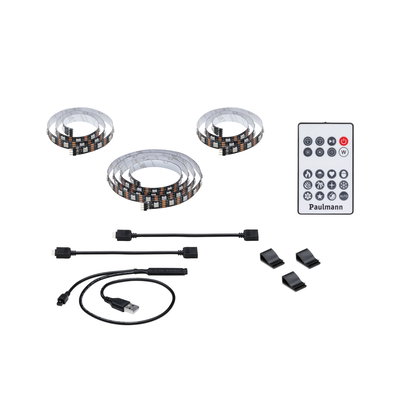 LED strip light set with remote, USB cable and clips, flexible RGB tape for customizable lighting