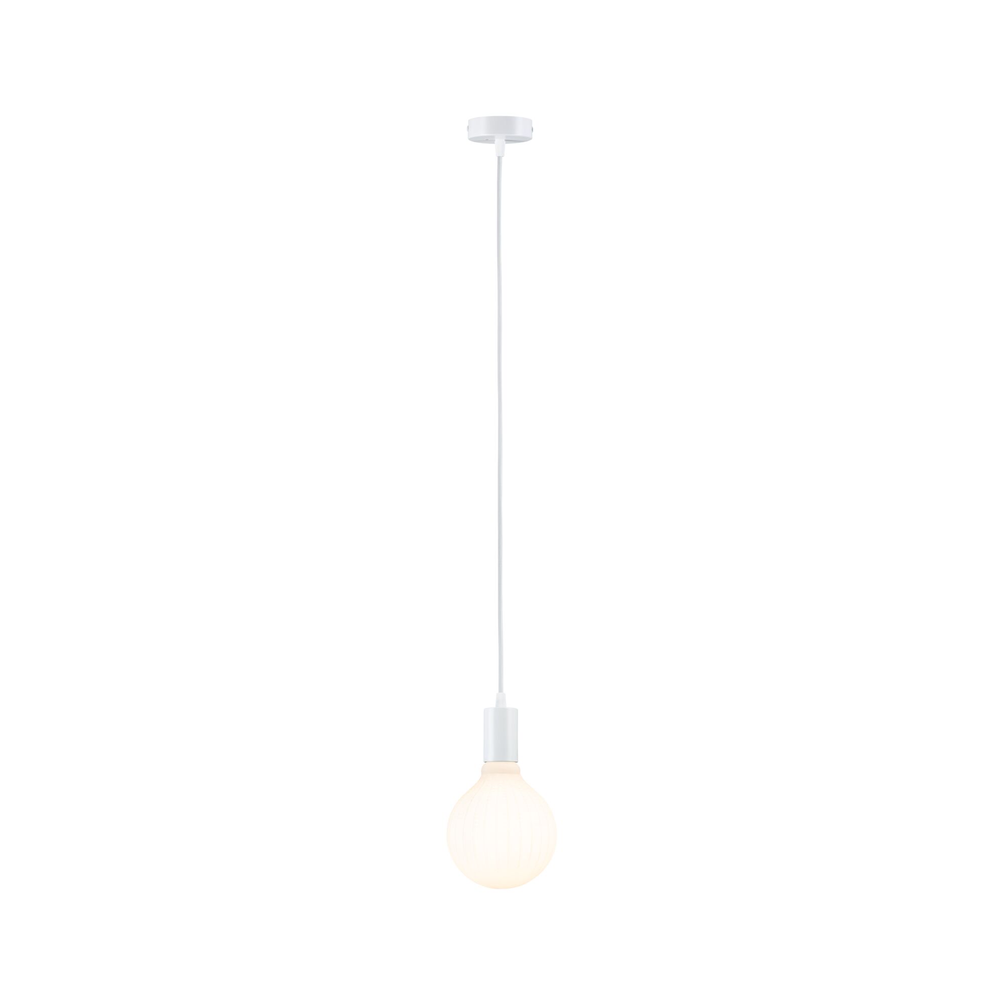 White pendant light with round opal white glass bulb for modern indoor lighting