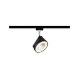 Black metal LED spotlight on track system with warm white light for modern indoor lighting