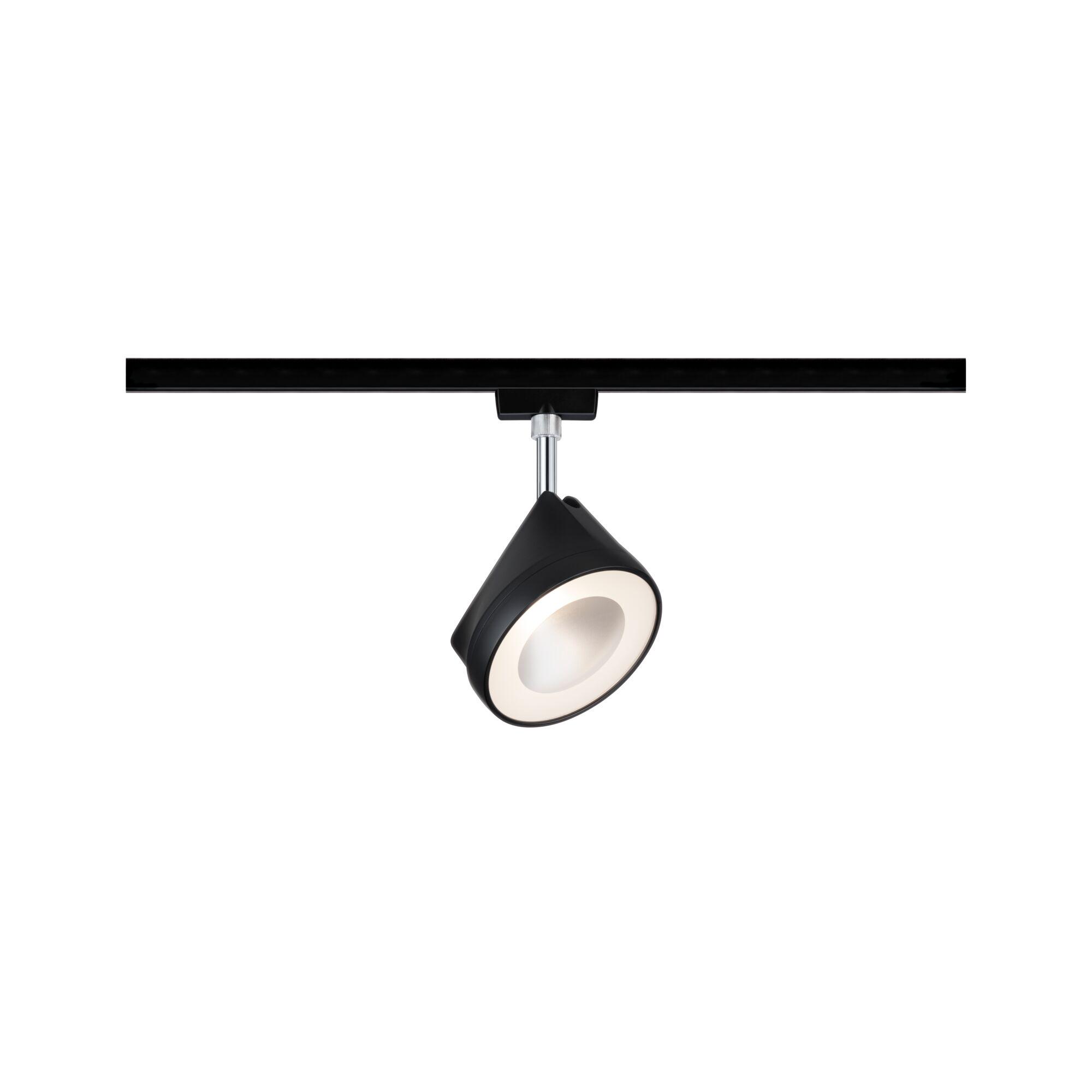 Schwarzer LED-Spot aus Metall an Schienensystem mit warmweißem Licht für moderne Innenbeleuchtung