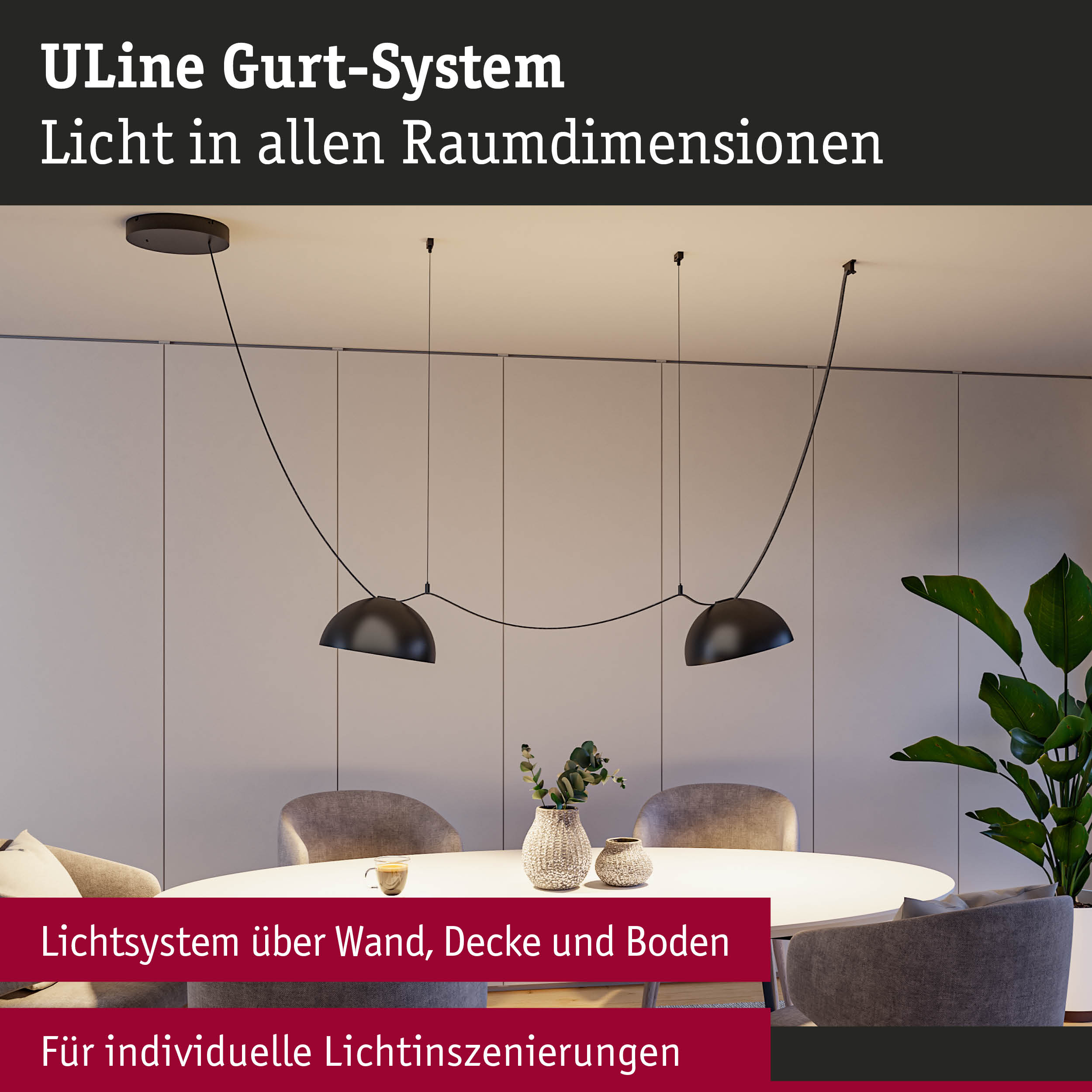 Modernes ULine Gurt-System mit schwarzen Hängeleuchten über rundem weißen Tisch im Esszimmer