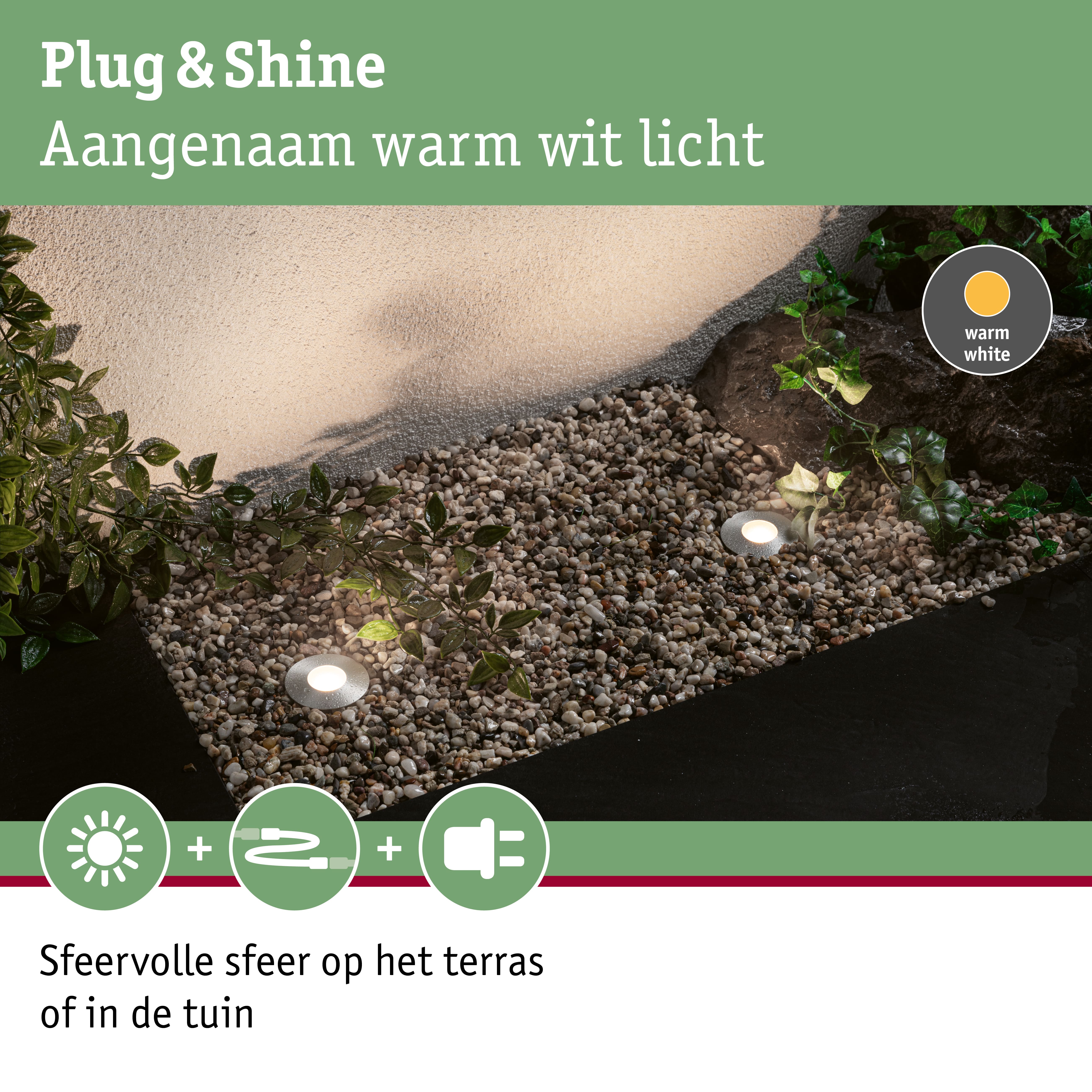 Buitenverlichting met warm wit licht voor terras en tuin met Plug & Shine systeem