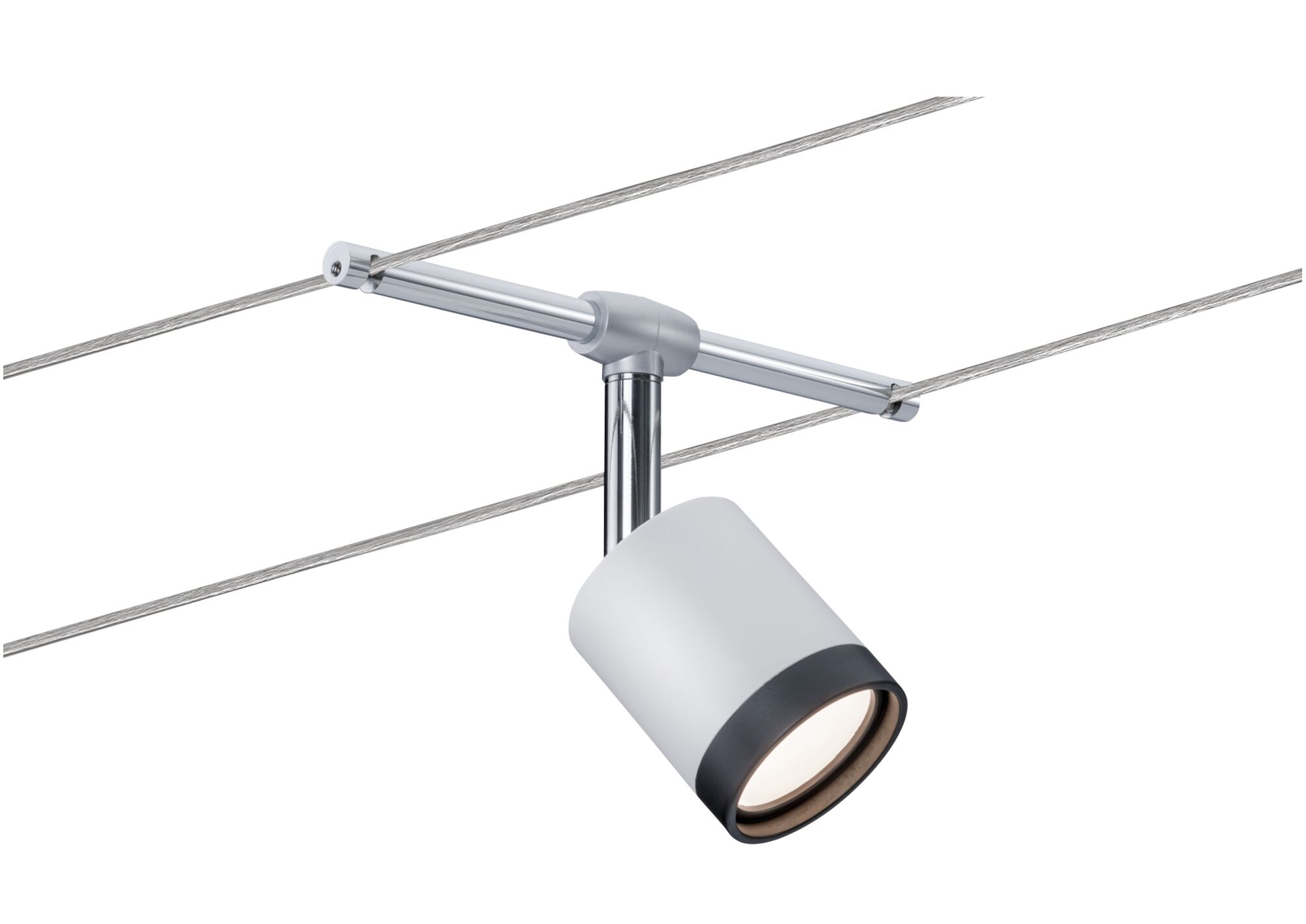 Moderner weißer LED-Seilstrahler mit schwarzem Rand und Chromhalterung für flexible Beleuchtung.