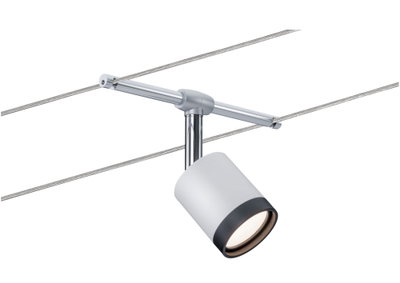 Moderner weißer LED-Seilstrahler mit schwarzem Rand und Chromhalterung für flexible Beleuchtung.