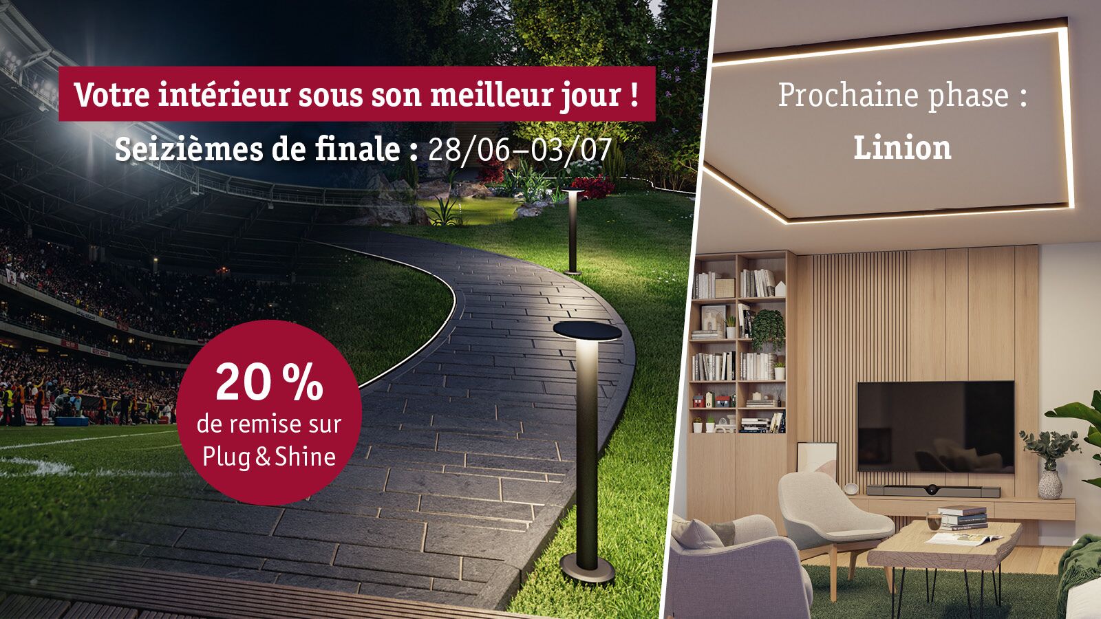 Publicité pour 20% de réduction sur l'éclairage extérieur Plug & Shine avec éclairage moderne jardin et salon