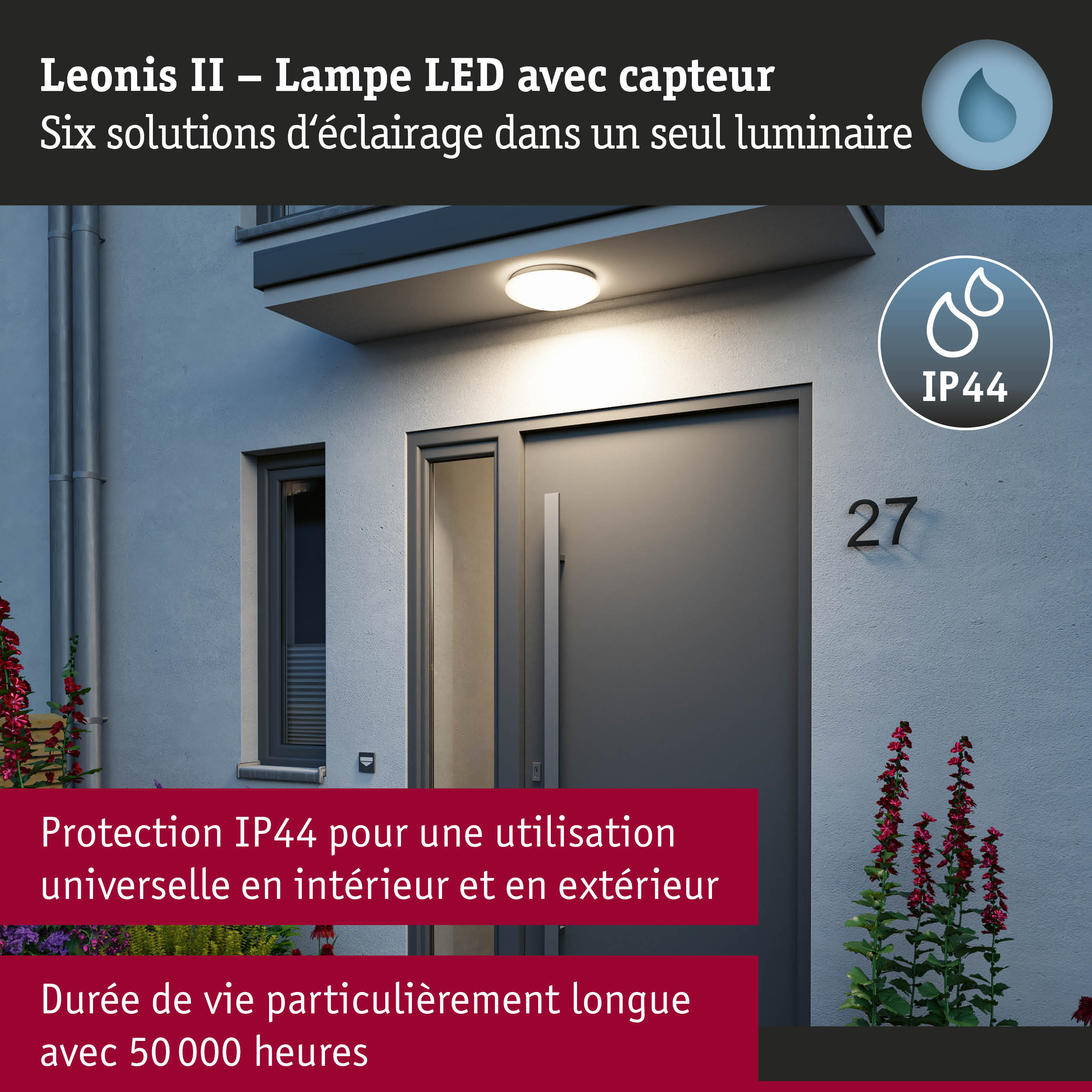 Lampe LED blanche Leonis II avec capteur, protection IP44, éclairage extérieur durable et polyvalent