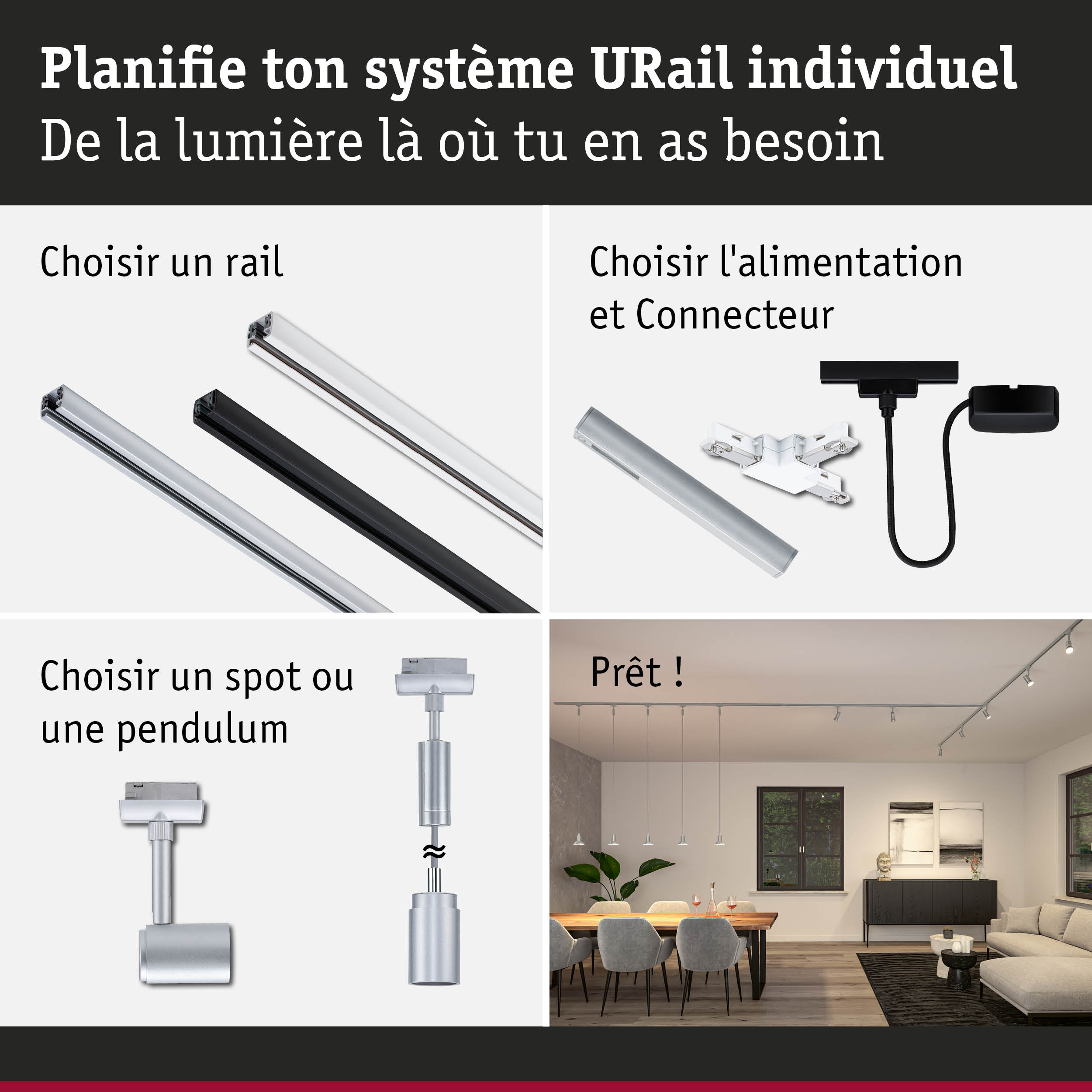 Système modulaire URail avec rails, connecteurs et spots pour solutions d'éclairage personnalisables