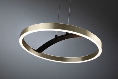 Modern LED ring pendant light in brushed gold metal with warm white illumination for living spaces
