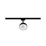 Zwarte LED-spot met ronde witte diffuser aan railsysteem voor moderne binnenverlichting