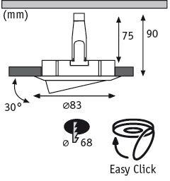 Technical drawing of recessed lighting system with dimensions and Easy Click mounting.