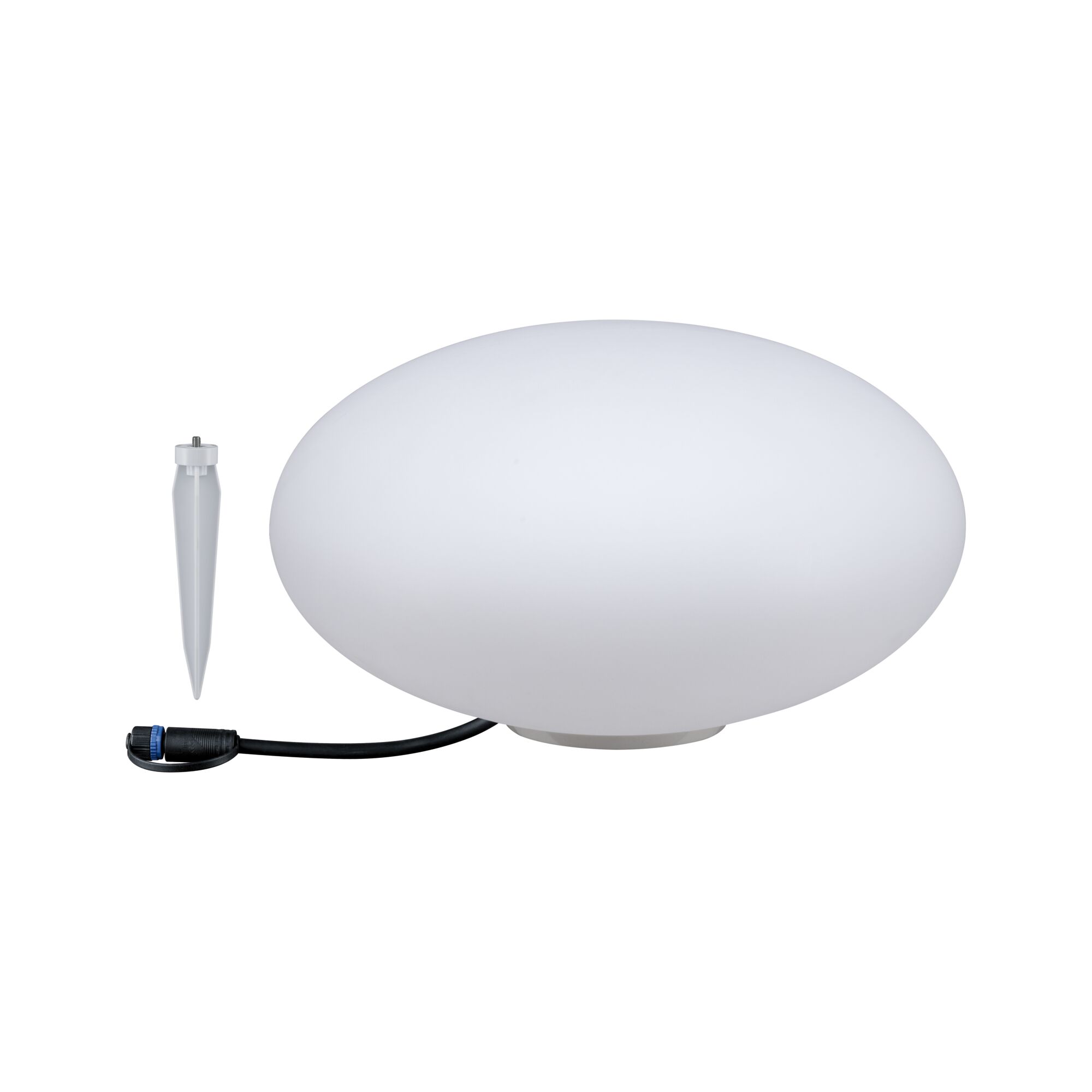 White oval LED garden light made of plastic with ground spike and cable for outdoor lighting