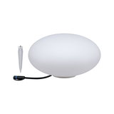 Weiße ovale LED-Gartenleuchte aus Kunststoff mit Erdspieß und Anschlusskabel für Außenbeleuchtung