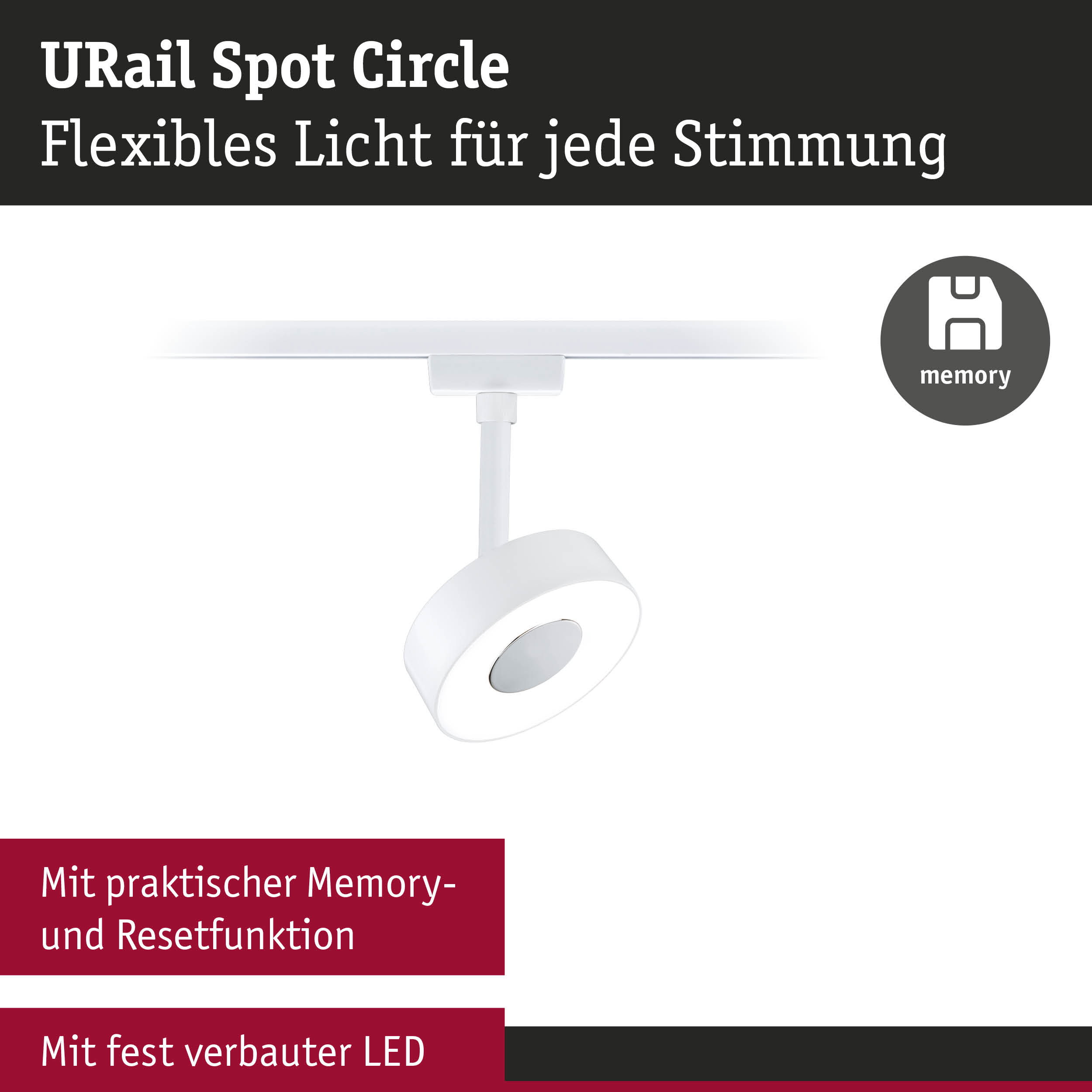 Weißer URail Spot Circle LED-Strahler mit Memory- und Resetfunktion für flexible Beleuchtung
