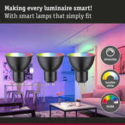 Three dimmable, tunable black GU10 LED bulbs with RGBW color control for smart lighting solutions