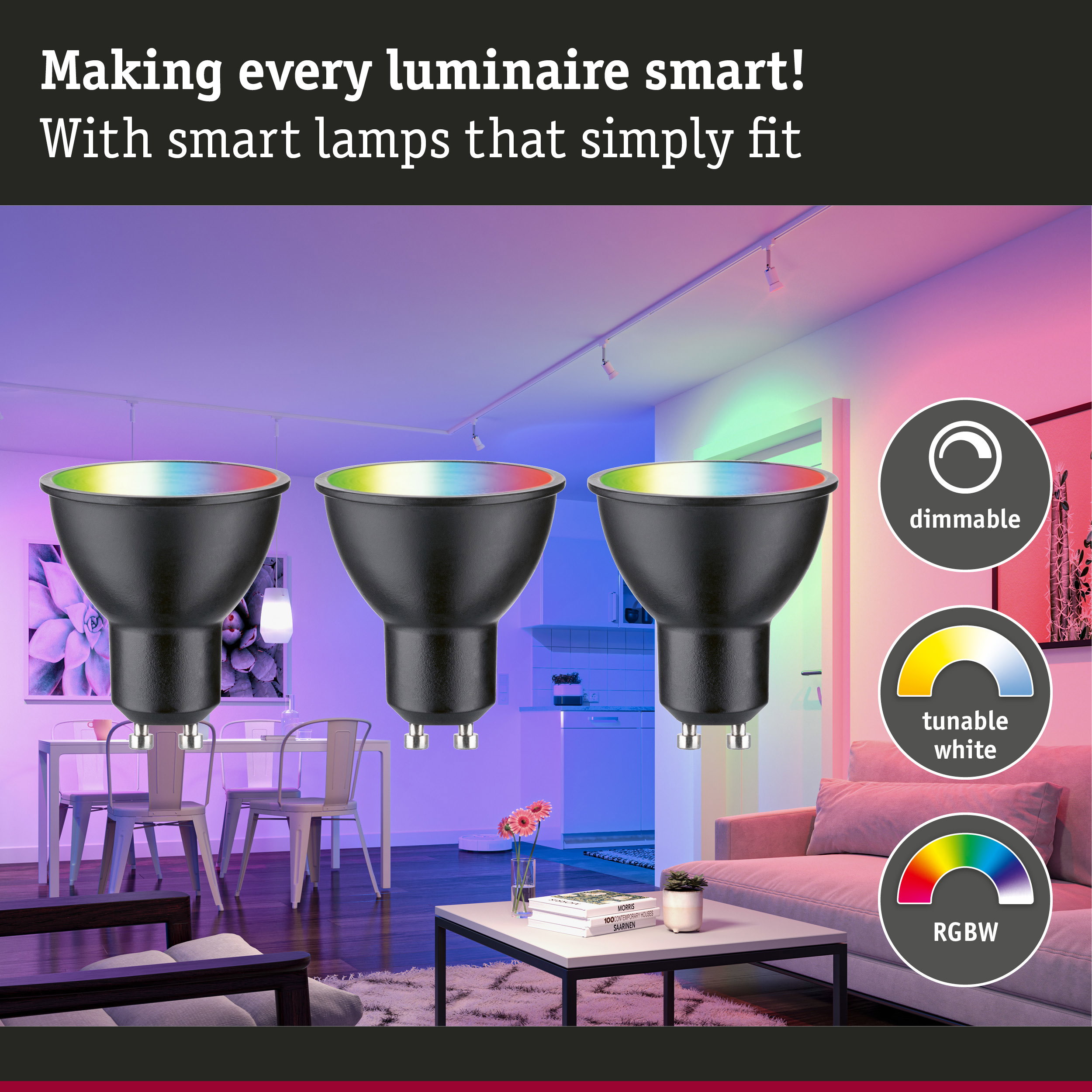 Three dimmable, tunable black GU10 LED bulbs with RGBW color control for smart lighting solutions