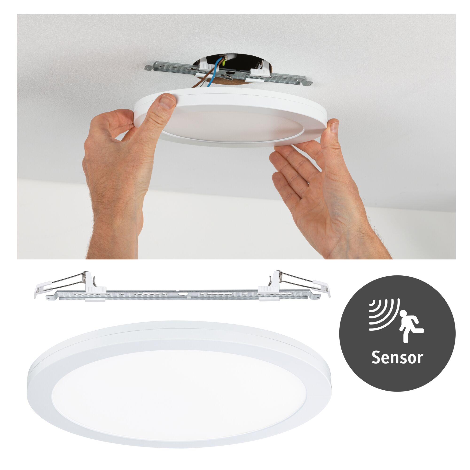 Round white LED ceiling panel with motion sensor and metal bracket for easy installation