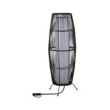 Standing lamp with black metal frame and white lampshade, modern design for living spaces