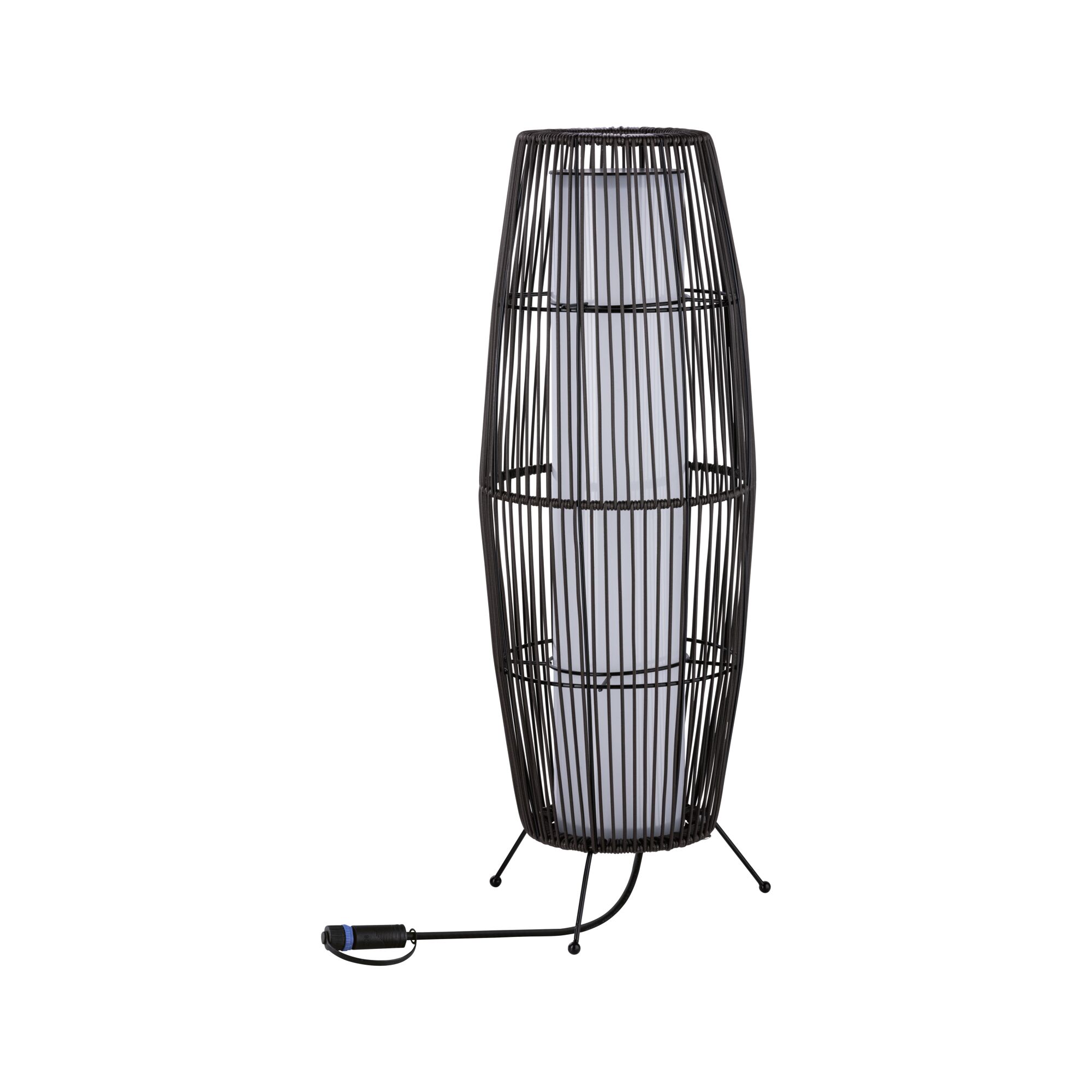 Standing lamp with black metal frame and white lampshade, modern design for living spaces