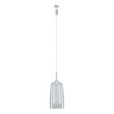 Moderne hanglamp met transparant glas en zilverkleurig metaal, geschikt voor stijlvolle binnenverlichting.