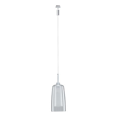 Moderne hanglamp met transparant glas en zilverkleurig metaal, geschikt voor stijlvolle binnenverlichting.