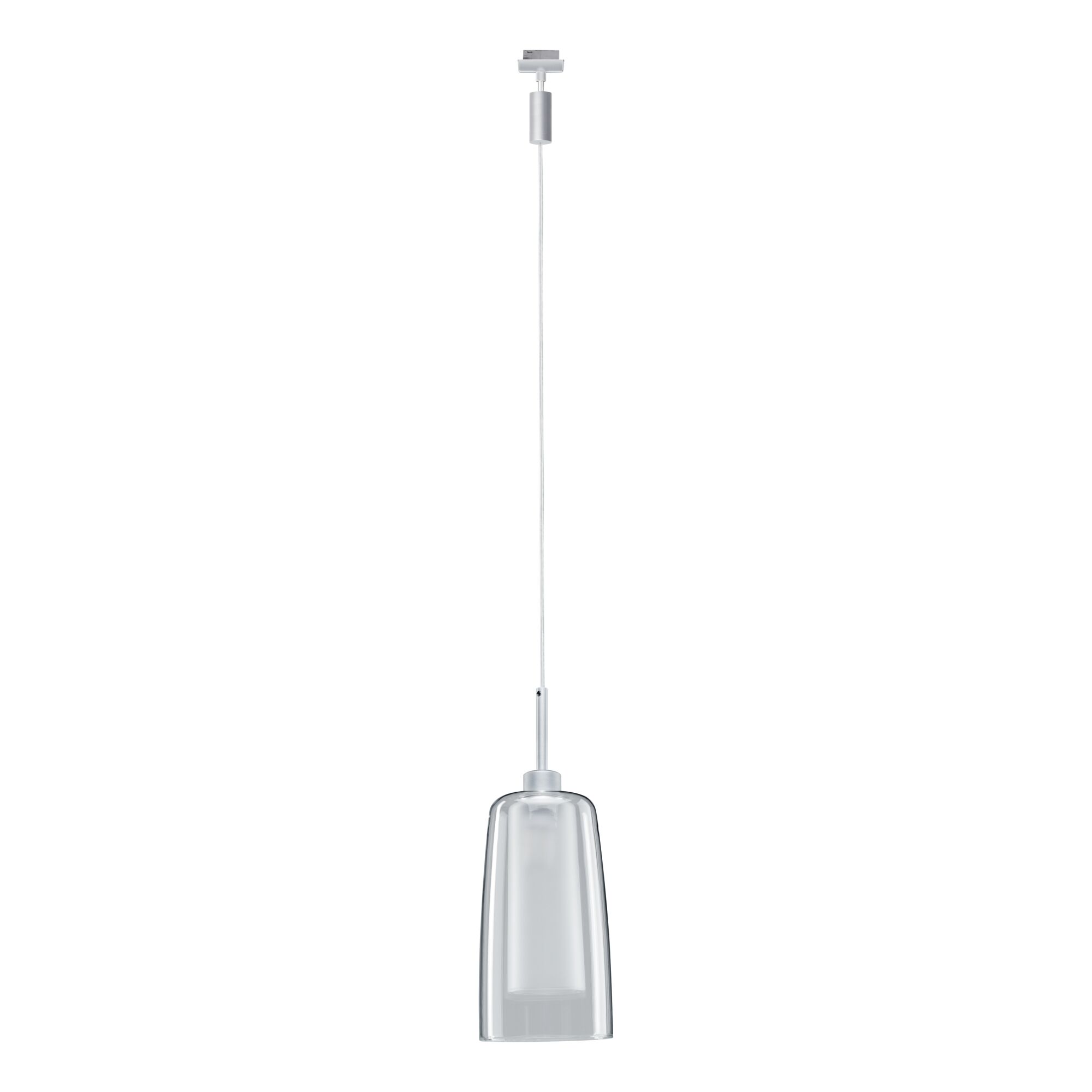 Modern pendant light with transparent glass and silver metal, perfect for stylish indoor lighting solutions.