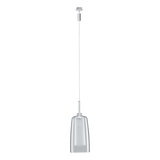 Modern pendant light with transparent glass and silver metal, perfect for stylish indoor lighting solutions.