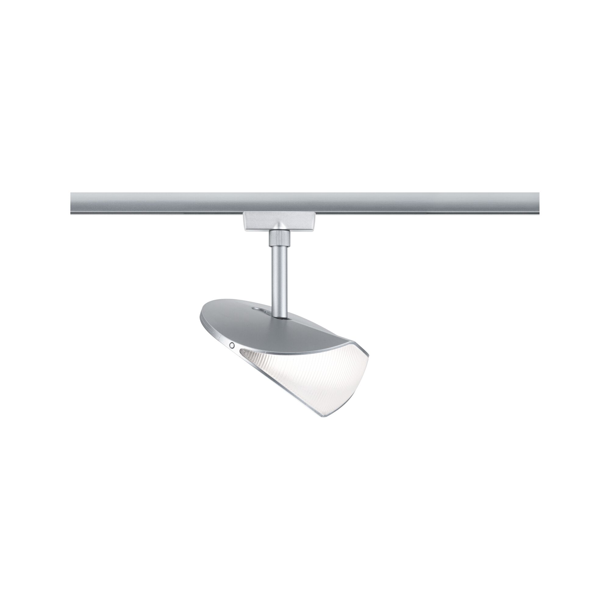 Moderner silberner LED-Strahler aus Metall an Schienensystem für flexible Raumbeleuchtung