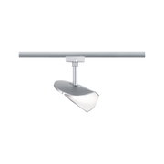 Moderner silberner LED-Strahler aus Metall an Schienensystem für flexible Raumbeleuchtung