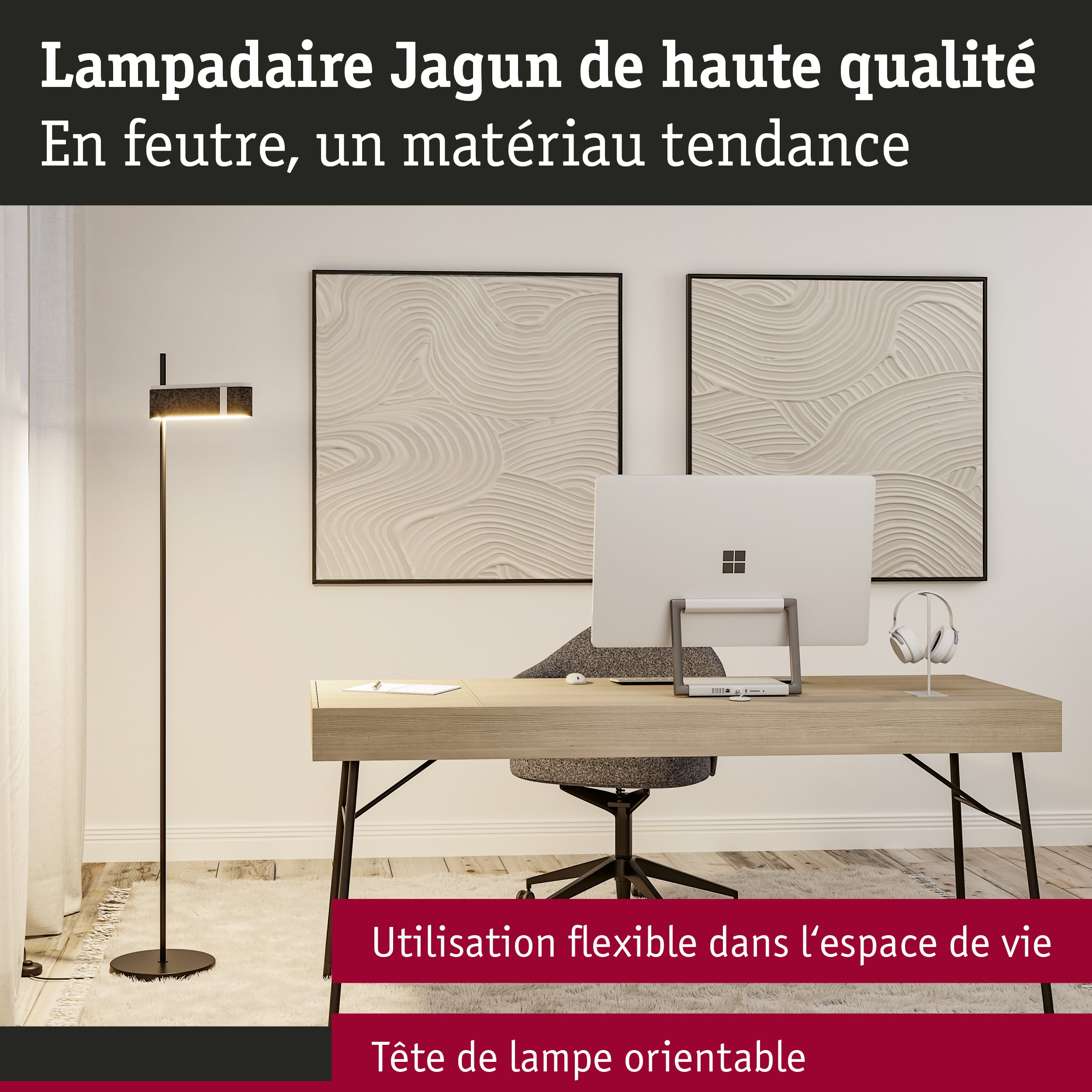 Lampadaire noir en feutre avec tête orientable dans un bureau moderne avec bureau en bois et ordinateur