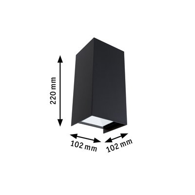 Schwarze quadratische Außenwandleuchte aus Metall mit Abmessungen 220x102x102 mm für Gartenbeleuchtung