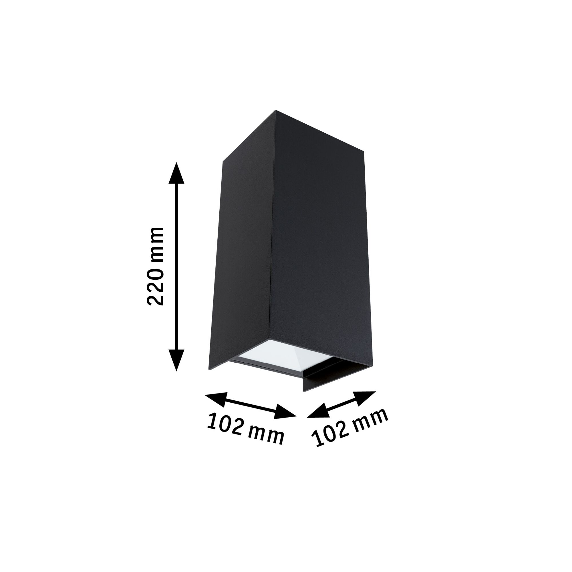 Black rectangular outdoor wall light made of metal measuring 220x102x102 mm for modern lighting