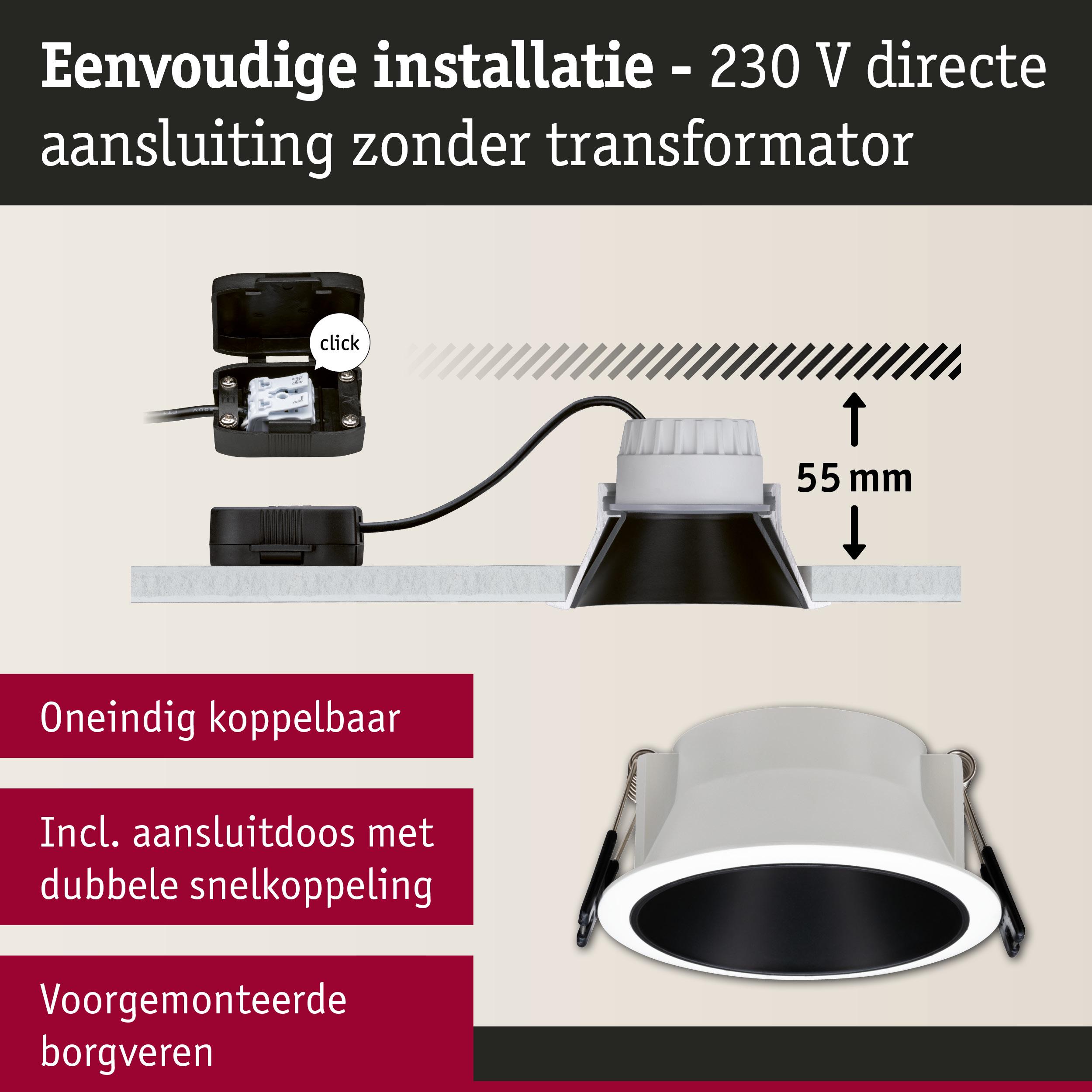 Zwarte en witte LED inbouwspot met 55 mm inbouwdiepte en 230 V directe aansluiting zonder transformator
