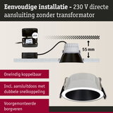 Zwarte en witte LED inbouwspot met 55 mm inbouwdiepte en 230 V directe aansluiting zonder transformator