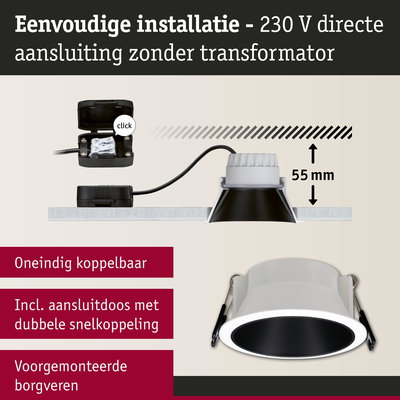 Zwarte en witte LED inbouwspot met 55 mm inbouwdiepte en 230 V directe aansluiting zonder transformator