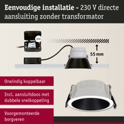 Witte inbouwspot met zwarte binnenring en 55 mm inbouwdiepte voor eenvoudige 230 V installatie