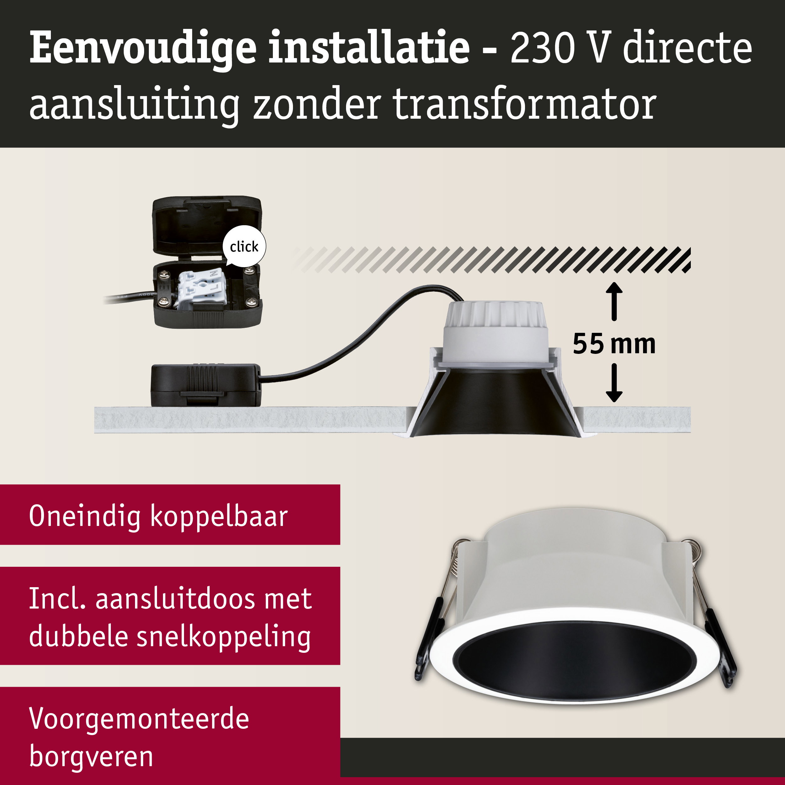 Witte inbouwspot met zwarte binnenring en 55 mm inbouwdiepte voor eenvoudige 230 V installatie