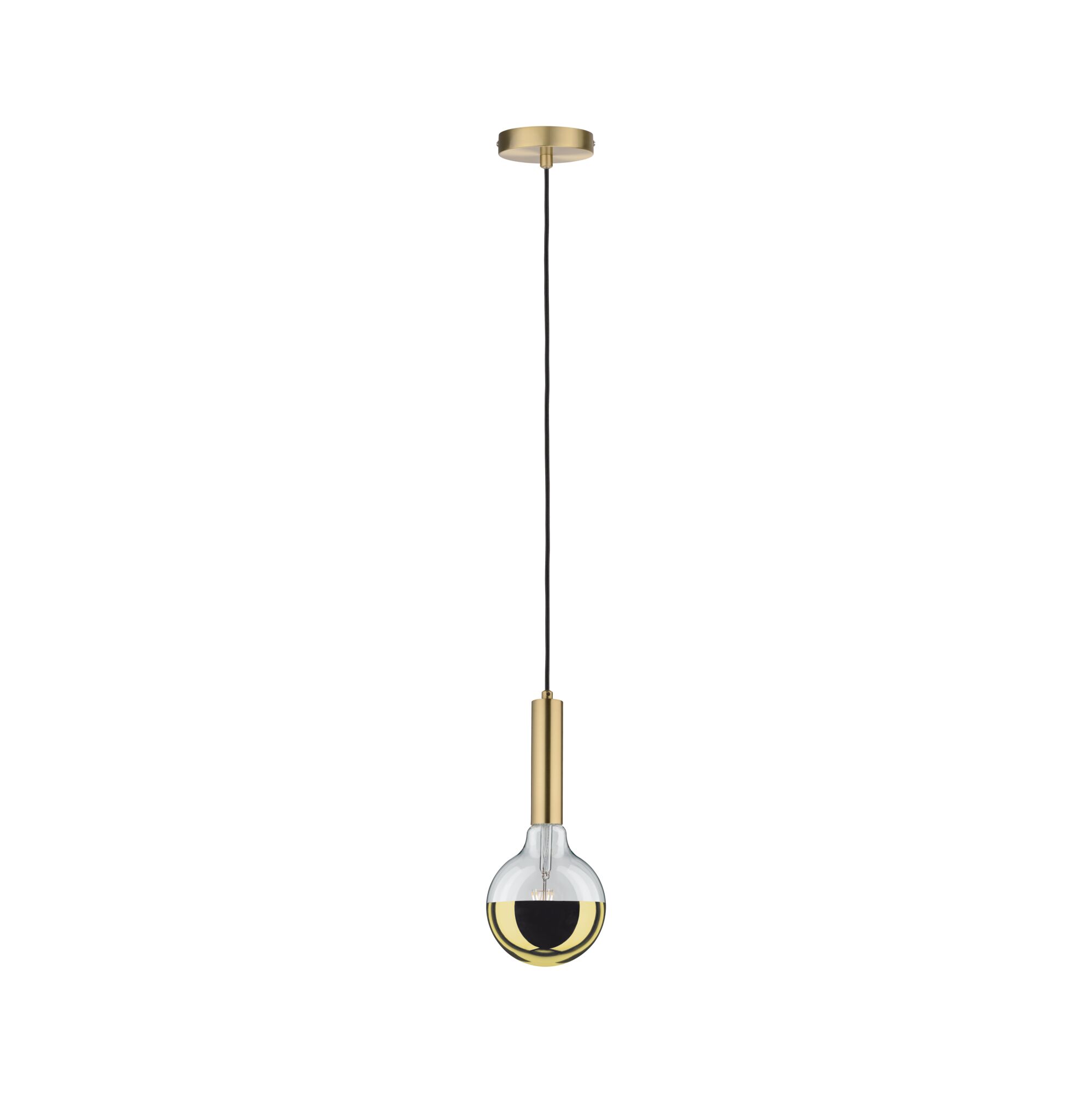 Modern pendant light with gold metal and half-mirrored bulb for stylish room lighting and decor