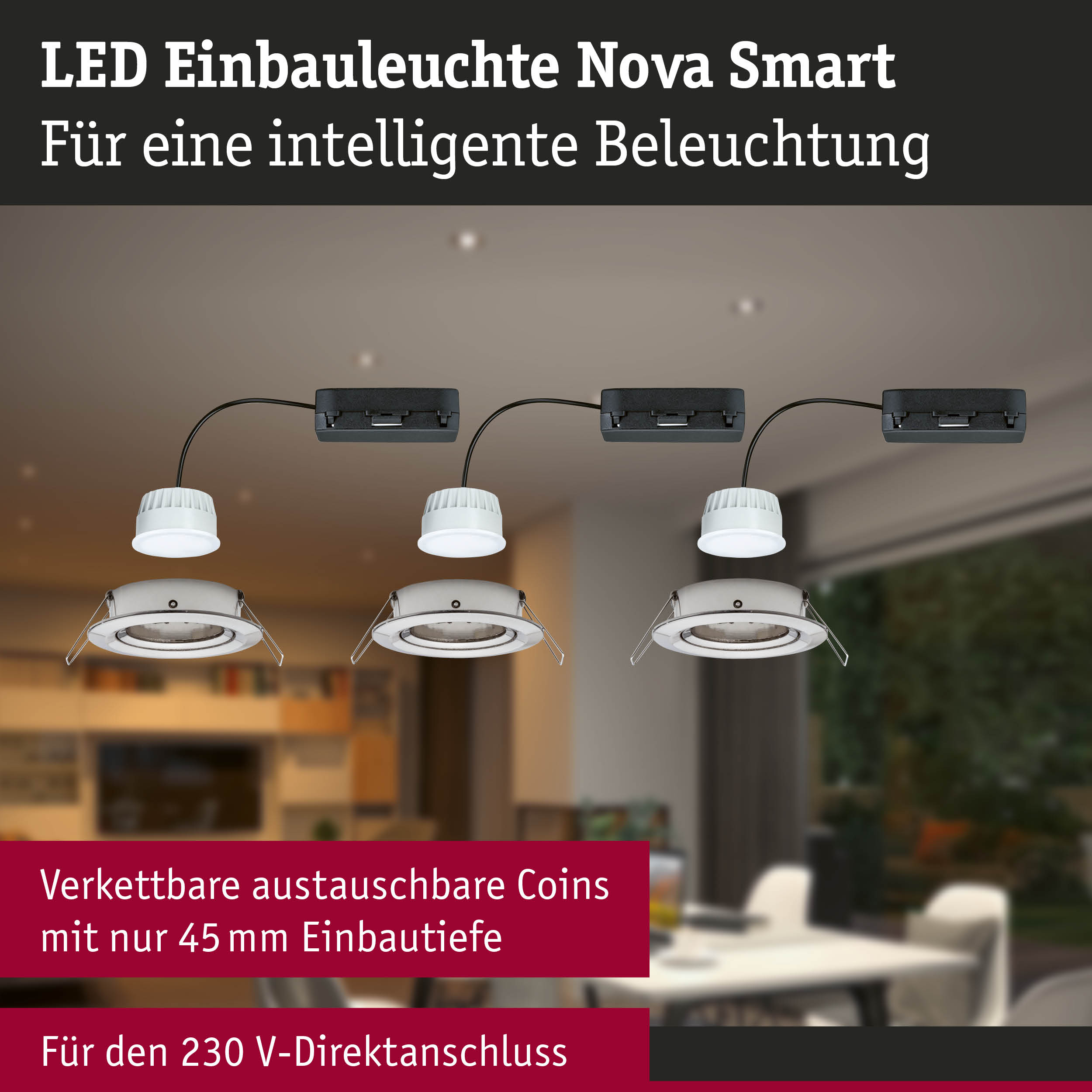 LED Einbauleuchte Nova Smart in Weiß mit vernetzten austauschbaren Coins für intelligente Beleuchtung