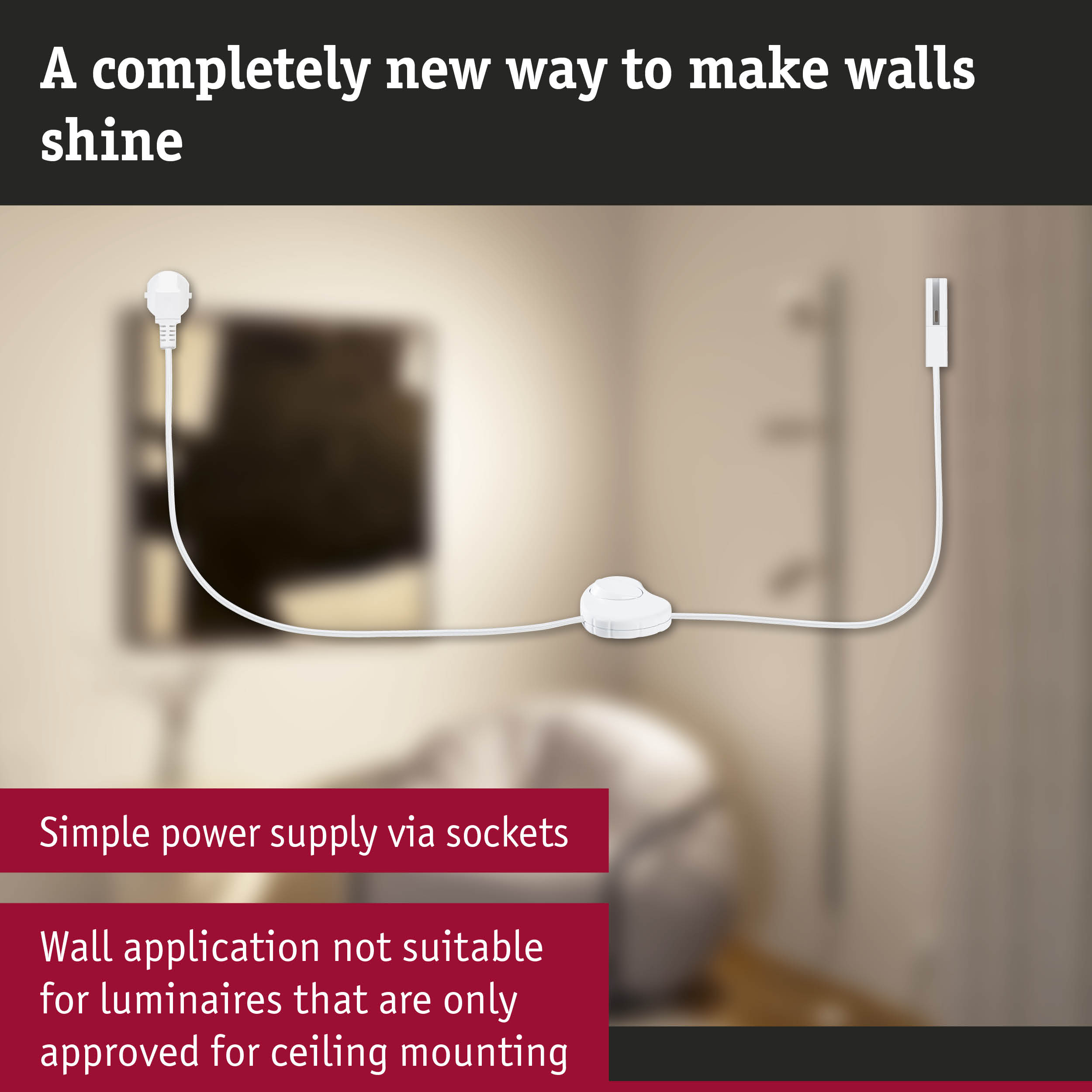 White power cable with switch and plug against blurred living room background for wall lighting