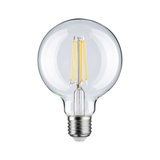 Transparente LED-Glühbirne mit sichtbaren gelben Filamenten und E27-Fassung für energiesparende Beleuchtung