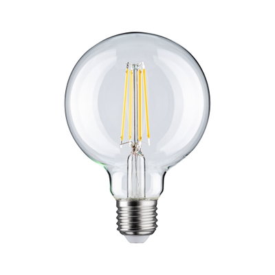 Transparente LED-Glühbirne mit sichtbaren gelben Filamenten und E27-Fassung für energiesparende Beleuchtung