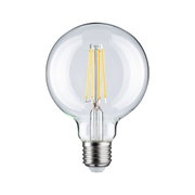 Transparente LED-Glühbirne mit sichtbaren gelben Filamenten und E27-Fassung für energiesparende Beleuchtung