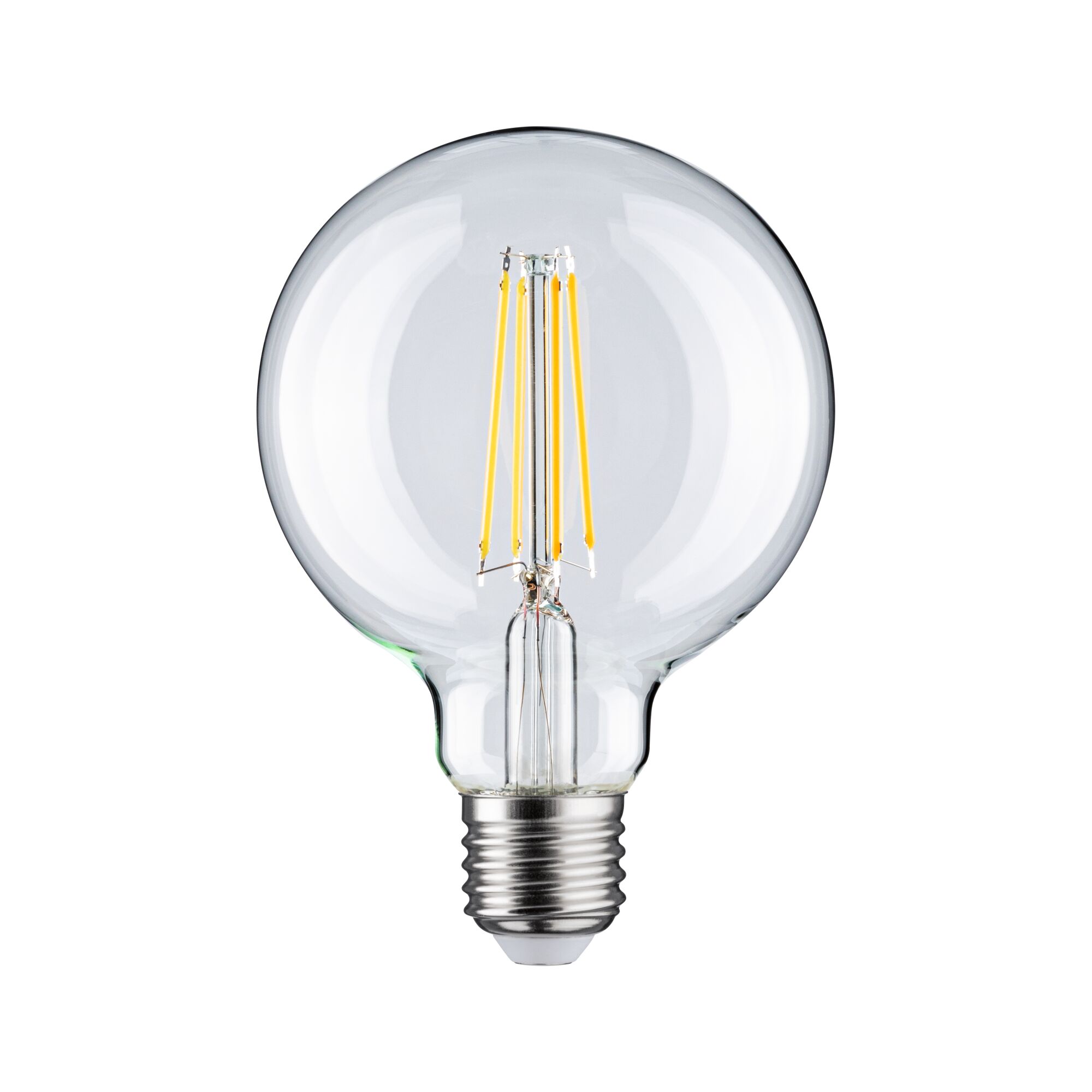 Transparente LED-Glühbirne mit sichtbaren gelben Filamenten und E27-Fassung für energiesparende Beleuchtung