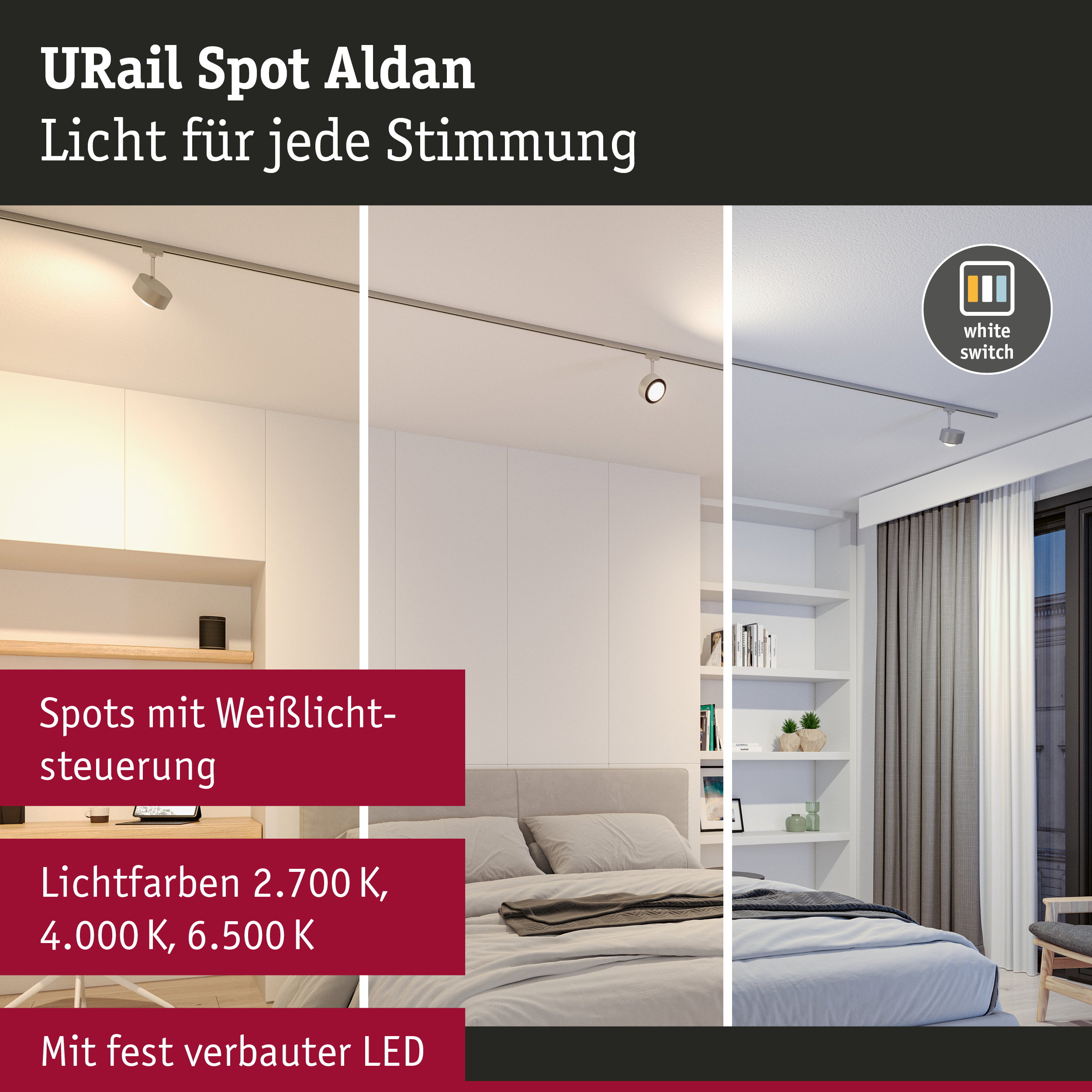 URail Spot Aldan weiße LED-Deckenleuchte mit Weißlichtsteuerung und drei Lichtfarben für Wohnräume
