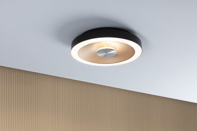 Ronde plafondlamp met zwarte rand en warmwit LED-licht, modern ontwerp voor woonruimtes