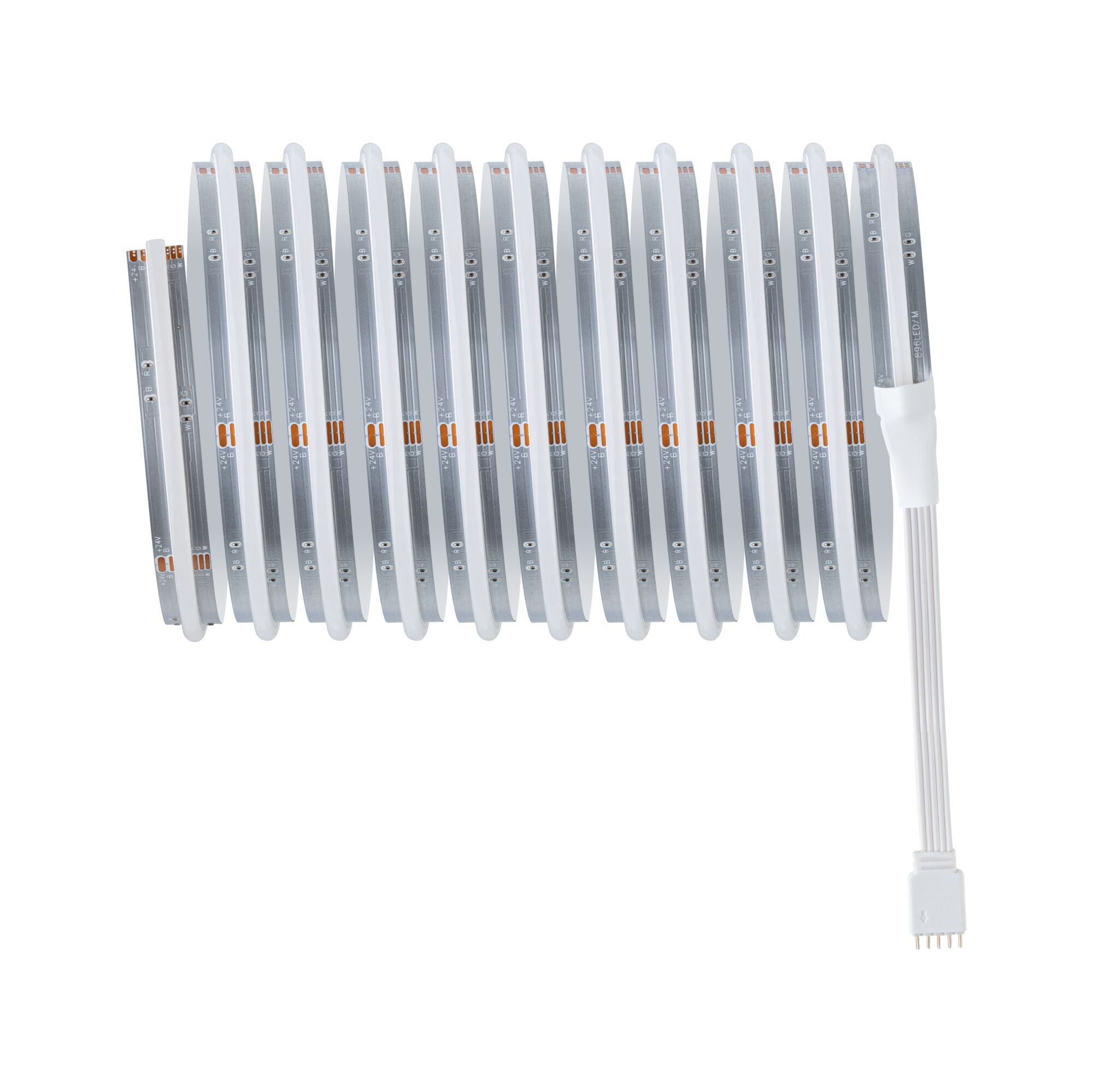 Flexible LED strip light with white silicone coating and 4-pin connector for versatile lighting setups