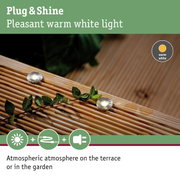 Plug & Shine LED recessed lights with warm white light on wooden terrace for garden lighting