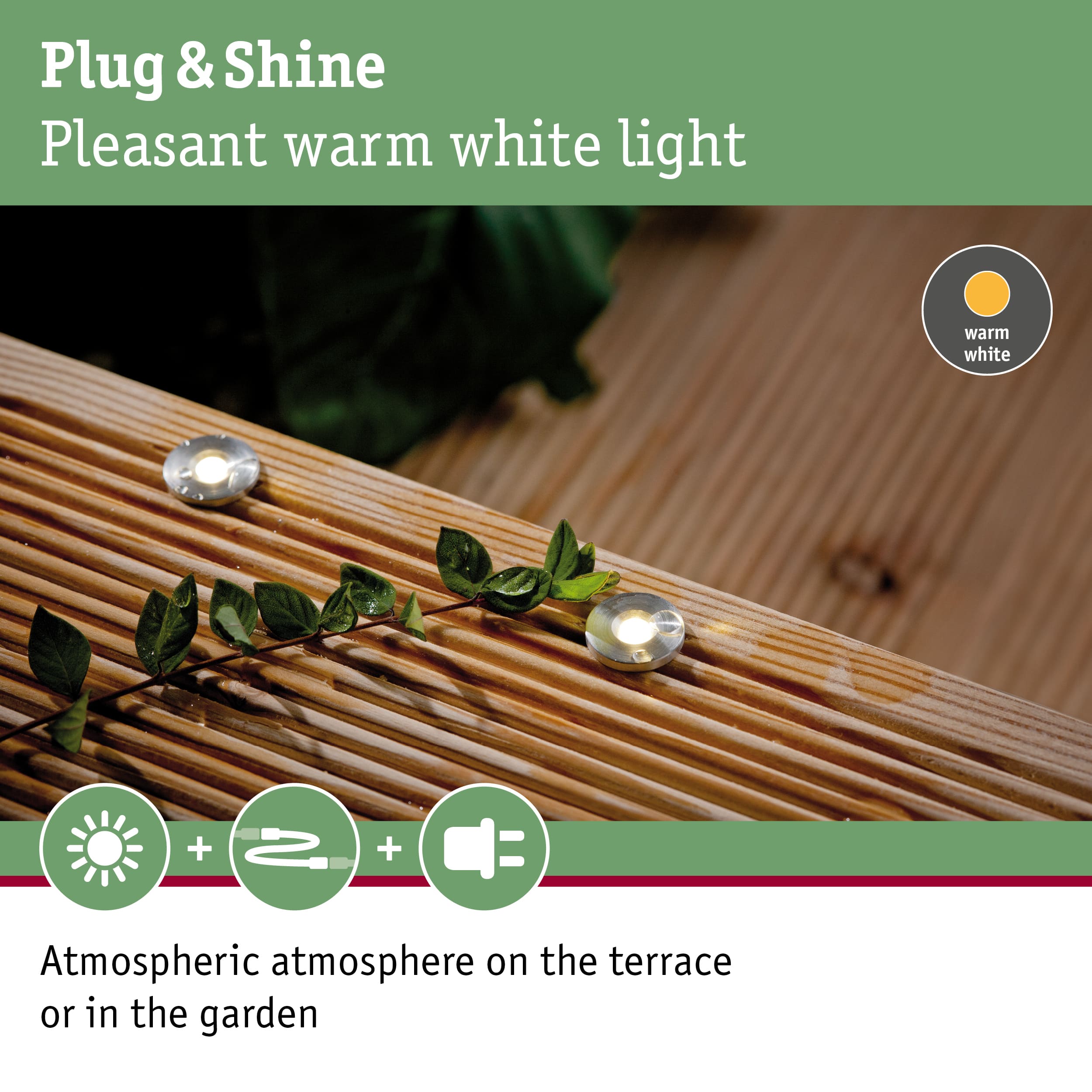 Plug & Shine LED recessed lights with warm white light on wooden terrace for garden lighting