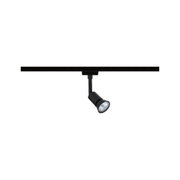 Zwarte metalen LED-spot op railsysteem voor flexibele accentverlichting binnenshuis