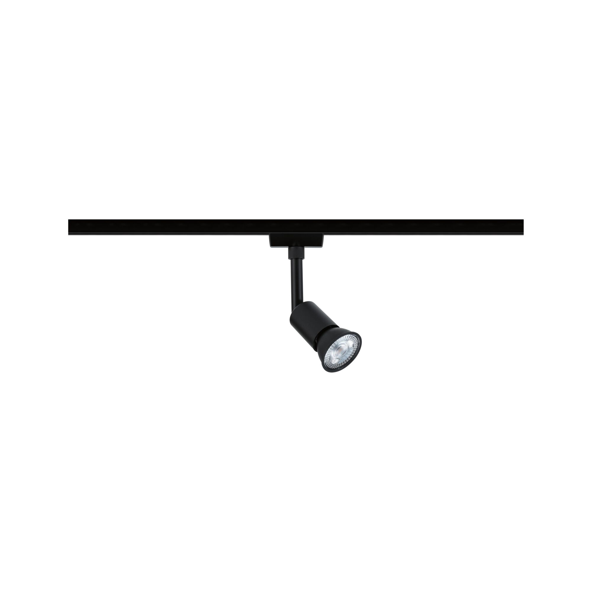 Zwarte metalen LED-spot op railsysteem voor flexibele accentverlichting binnenshuis